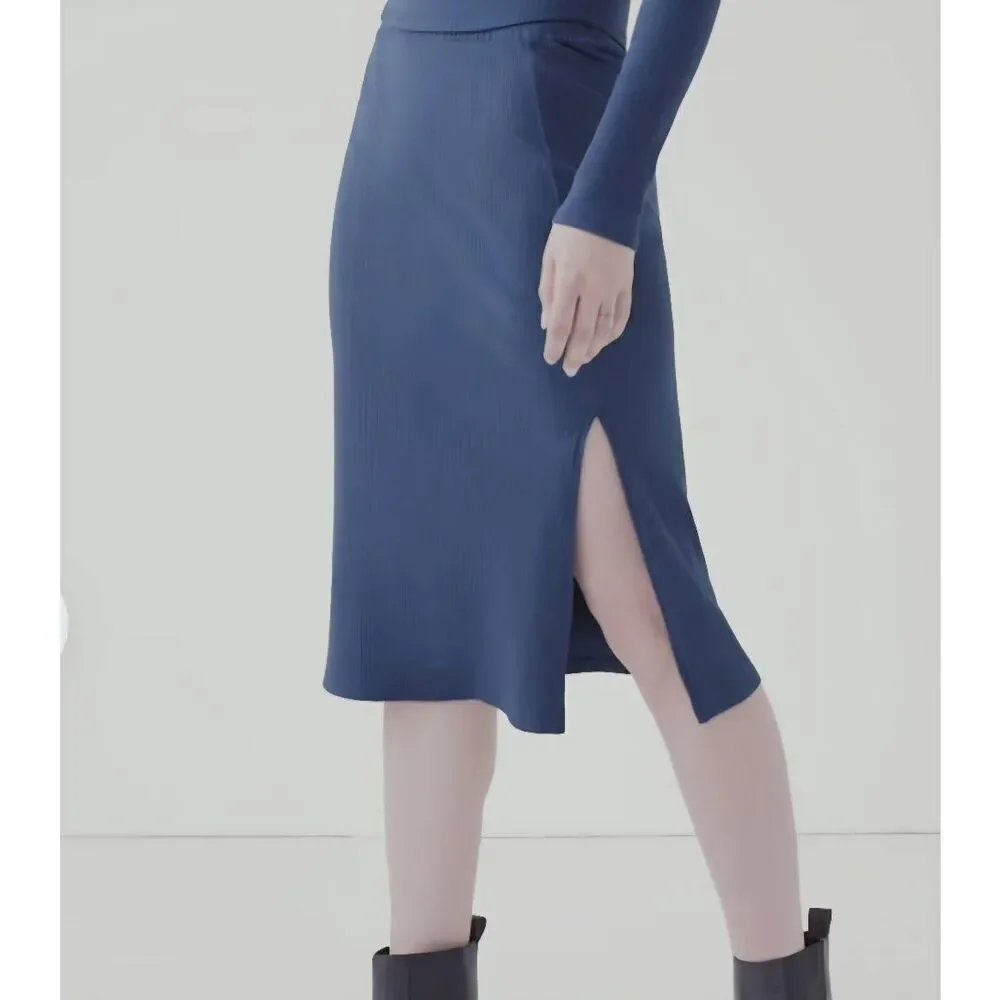 NWT Pact Skirt Women's XS Blue Ribbed Refined Rib Midi Skirt Organic Cotton Slit